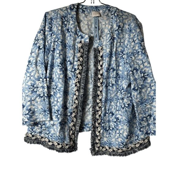 Chico's Jacket Boho Cottage Blue White Beachy Fringe 100% Linen Open-Front - Picture 1 of 6